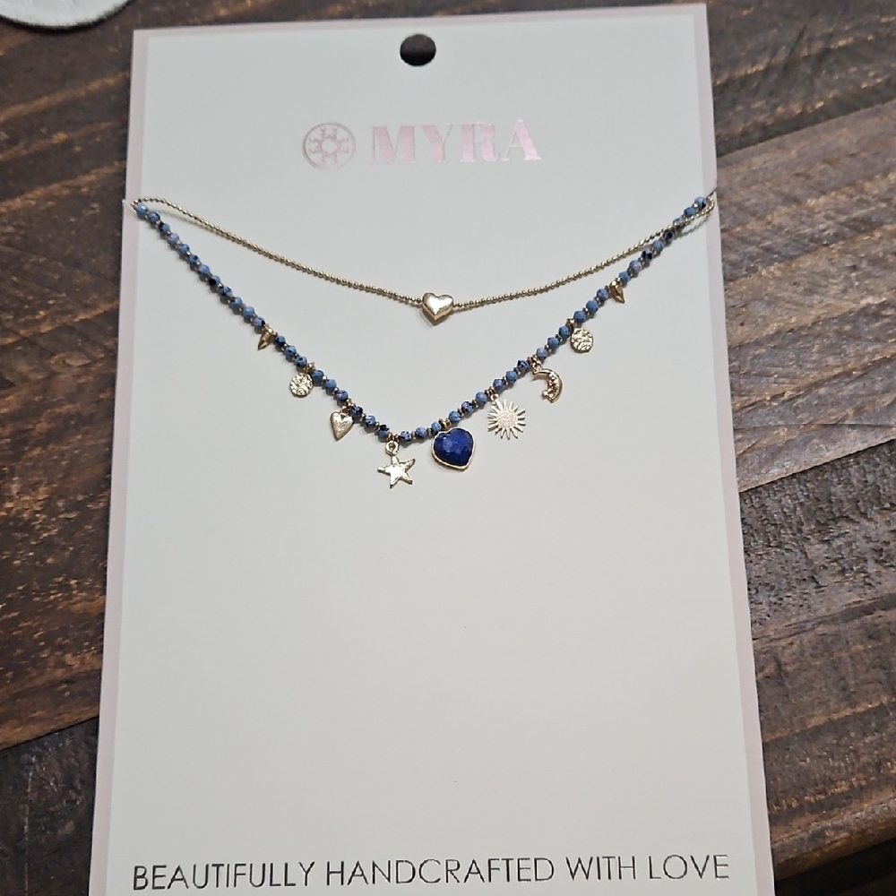 Myra Bag Gold & Blue Layered Charm Necklace Set